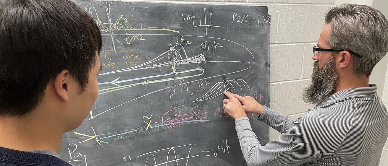 professor demonstrating audiology curves on blackboard