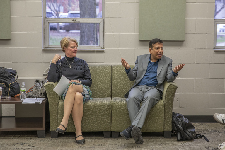 Tena McNamara and Sumit Dhar speak to students