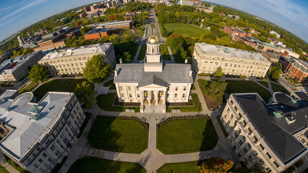 Aerial photo of the Pentacrest at the University of Iowa